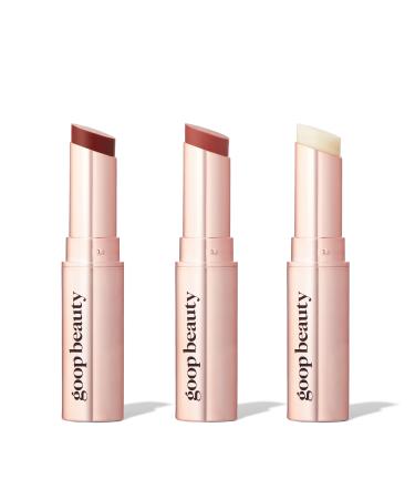 goop Beauty Lip Balm Trio | Moisturizing & Hydrating Lip Balm for Chapped & Dry Lips | Clear  Translucent Garnet  & Sheer Rose | 0.16 oz Each | Lip Tint with Nourishing Formula | Petroleum Free Clear  Translucent Garnet ...