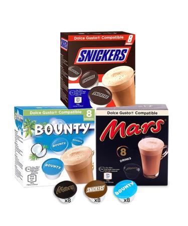 Mars Snickers and Bounty Hot Chocolate Capsules compatible with Dolce Gusto coffee machine - 24 Hot Chocolate Capsules