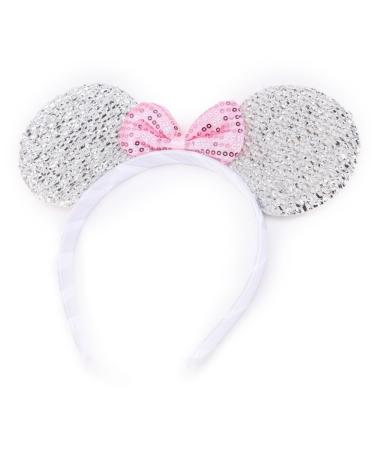Silver Sparkly Glitter Mouse Ears Alice Hair Band Headband Fancy Dress Party Hen