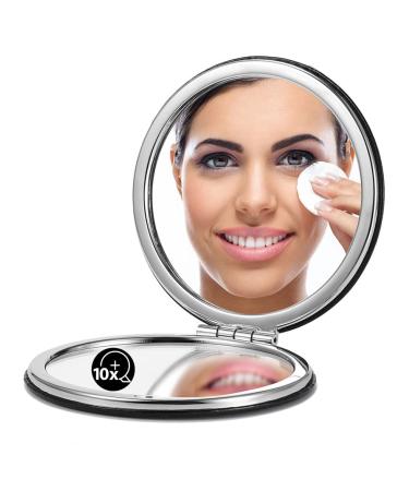OMIRO 1X/10X Magnifying Compact Mirror with PU Leather, Ultra-Portable for Purses and Travel, Round Black Black 1X/10X