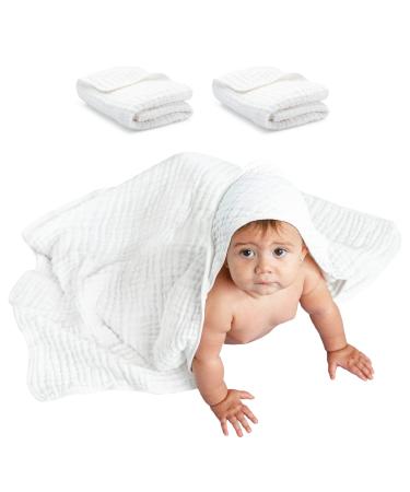Comfy Cubs 2 Pack Baby Hooded Muslin Cotton Towel for Kids, Large 32 x 32, Ultra Soft, Warm, and Absorbent. Baby Essentials Bath Towels, Cute Unisex Cover for Girls and Boys (2 Pack, White)