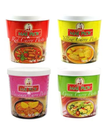 Mae Ploy Authentic Thai Assorted Curry Paste 400g - Massaman Red Green & Yellow Curry Sauce (Pack of 4) HALAL
