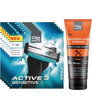 Cien Men 48 Replacement blades for Active 3 Sensitive 3-blade shaving system (6 x 8 pieces) 48 St + Cien Men hand care cream rich care hand cream for stressed hands (100 ml)