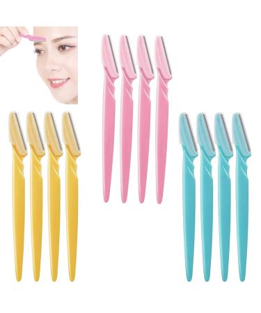 12 packs of eyebrow razor portable razor trimmer face hair knife remote shaper razor trimmer for women and men face hair remover (yellow pink blue)