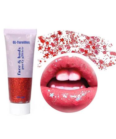 GL-Turelifes Chunky Glitter Gel Glitter Body Gel Festival Glitter Cosmetic Face Hair Nails Makeup Mermaid Sequins Liquid Eyeshadow Long Lasting Sparkling 50ml Easy to Apply& Remove(#07 Red)