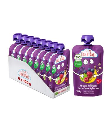 Fertile organic squeeze raspberry blueberry grape banana apple oats fruit puree in a squeeze bag for babies from 6 months & children 8x 100g
