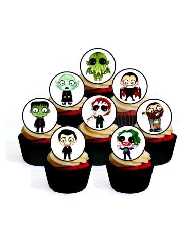 24 Halloween Horror Characters Theme #2 Edible Cupcake Toppers (PRECUT Optional) - wafer card disc cake decorations Stand Up/Lie Flat (UNCUT Pack of 24)