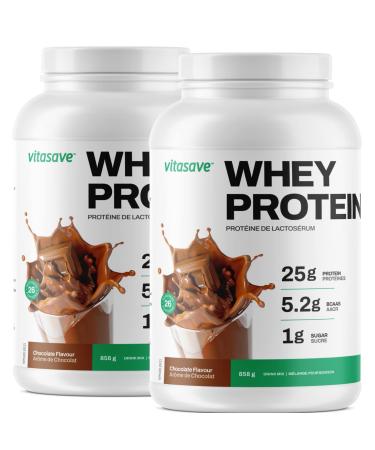 Whey Protein Powder by Vitasave 100% Whey Protein Powder 25g Protein Per Serving Grass-Fed Gluten-Free BCAAs Amino Acids - 26 servings 858g Tub (Chocolate Pack of 2) Chocolate Pack of 2