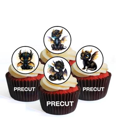 PRECUT Dragon Edible Cupcake Toppers - Black Dragons Theme Premium Thickness SWEETENED VANILLA - wafer card disc cake decorations (Pack of 12)