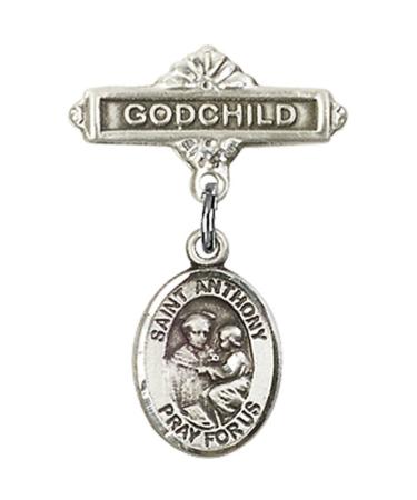 Sterling Silver Baby Badge with St. Anthony of Padua Charm and Godchild Badge Pin 1 X 5/8 inches