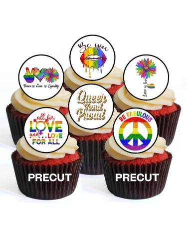 PRECUT LGBTQ Edible Cupcake Toppers - LGBTQ Pride Theme Premium Thickness SWEETENED VANILLA - wafer card disc cake decorations (Pack of 12)