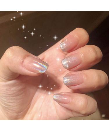 Belicey Glossy Press on Nails White Square Medium Fake Nails Full Cover Ballerina Arts Nails for Women Teen Girls (Laser Silver)