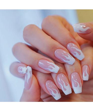 Vatocu coffin artificial nails short pink press nails French flame wrong nails white shiny ballerina stick on the nails for women and girls (24 pieces)