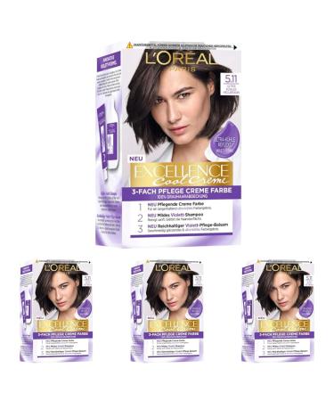 L'Or al Paris Permanent hair color with an ultra cool color result 100% gray hair cover set with coloring shampoo and care cream Excellence cool No. 5.11 light brown (brown) (pack with 4) ultra cooling light brown (4 Pack)