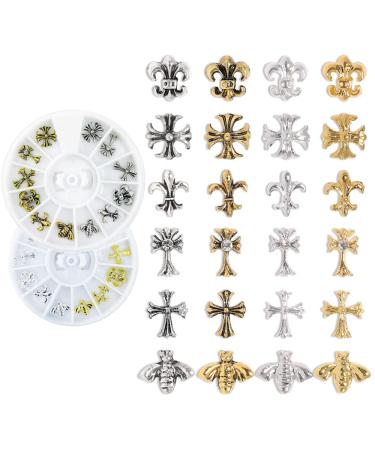 2 Boxes AB Nail 24 Pcs Mixed Sizes 3D Nail Art Accessories Multi Shapes Manicure Decoration for Nail Face Decoration Nail Makeup DIY Craft(golden and Silver)