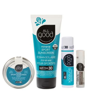 All Good Mineral Sun Care Set - Sport Sunscreen Lotion Zinc Butter Face/Nose/Ear Sunstick Coconut SPF Lip Balm - Water Resistant & Coral Reef Friendly 1-Pack