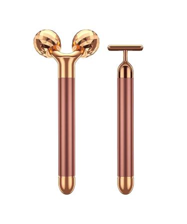 Beauty Bar 2-in-1 24k Golden Pulse Facial Face Massager  Electric 3D Roller and T Shape Arm Eye Nose Head Massager Facial Roller Massager Kit Skin Care Tools