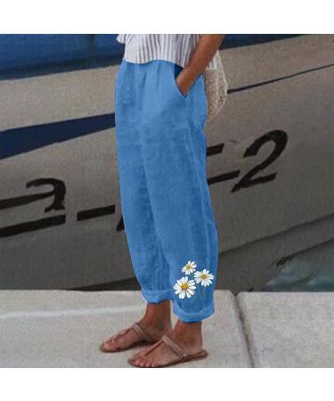 Gufesf Women's Cotton Linen Palazzo Pants - Z2 Blue, Large | Wide Leg Trousers with Pockets | Dressy Casual Summer Crop Pants - Buy Online on SooperMarket.com