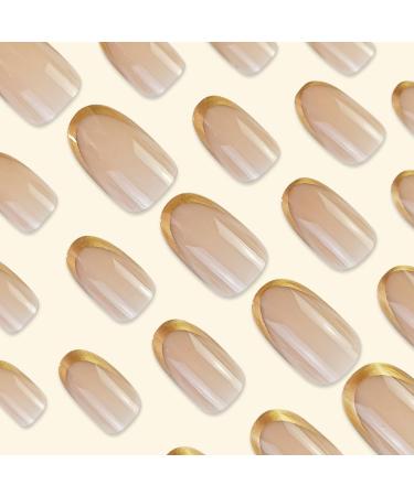 24 Pcs Gold French Tip Press On Nails - Short Oval Full Cover Fake Nails for Women & Girls - Nude Glossy Artificial Finger Manicure - Buy Online on SooperMarket.com