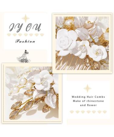 IYOU Flower Bridal Hair Comb Gold Crystal Bride Hair Accessories Leaf Pearl Wedding Side Combs Headpiece for Women - Buy Online on SooperMarket.com