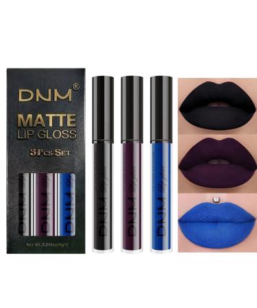 3Pcs Matte Lip Gloss Set 24 Hour Matte Liquid Lipstick Set Lip Stain Black lipstick Long-Lasting Waterproof Lipgloss Gothic Makeup Gift Lipsticks Set Dark Black Blue Purple (07) #07