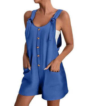 WILLBEST Women's Casual Dungarees Summer Overalls Jumpsuits Short Sleeve Straps Straight Wide Leg Long Pant Romper with Pockets 845-oyvsw-5-blue M - Buy Online on SooperMarket.com