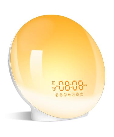 Daily light alarm clock light up light sunrise sunset simulation alarm clock radio 7 natural noises 2 alarms snooze 11 color light 20 brightness bedside lamp (yellow)