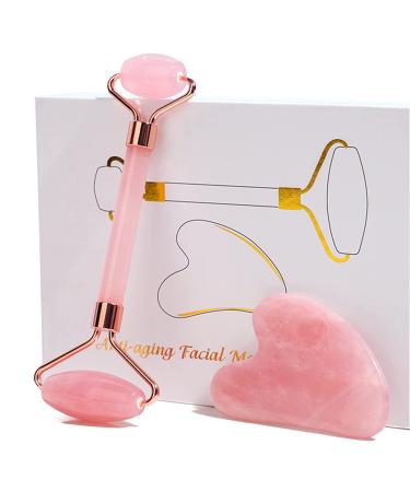 Jade Roller Gua Sha Set Natural Rose Quartz Jade Roller for Face Beauty Facial Roller Massager Tools Face Skin Care Tools-Pink