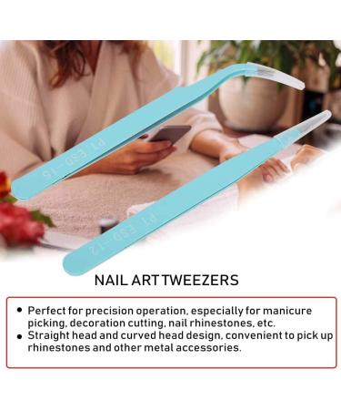 Stainless Steel Nail Art Tweezers Anti Static Straight Curved Head Accurate Manicure Picking Rhinestone Metal Accessory Pick Up Durable and Exquisite (Blue) - Buy Online on SooperMarket.com