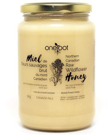 OneRoot 100% Canadian Raw Honey (1kg/2.2lbs )  Honey Unfiltered, Unheated & Creamed Honey  Natural Sweetener White Thick Wildflower Honey Rich in Nutrients with Enzymes 2.2 Pound (Pack of 1)