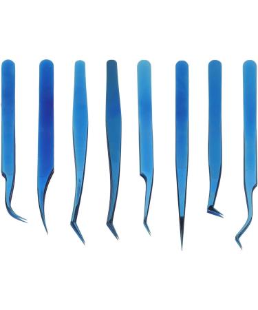 8-Piece Stainless Steel Eyelash Tweezers Set - Fine Tip Ergonomic Blue Titanium Eye Makeup Tools for Women - Portable & Durable - Buy Online on SooperMarket.com