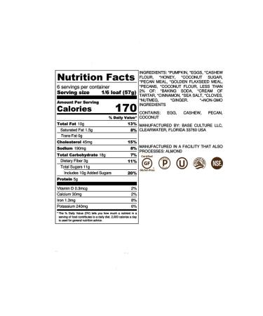 Base Culture Nutty Pumpkin Bread 12oz | Paleo Certified, Gluten Free, Grain Free | Non GMO, Dairy Free, Soy Free | Large Size Honey Loaf - Buy Online on SooperMarket.com