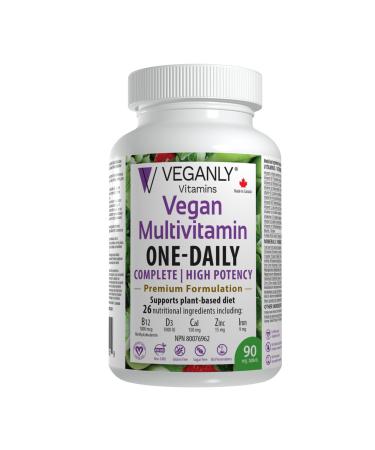 VEGANLY Vegan Multivitamin One-Daily for Plant-based Diets. 90 veg. tablets with high potency in B12 D3 Calcium Iron Zinc & more. Best for vegans and vegetarians. (NPN 80076962)