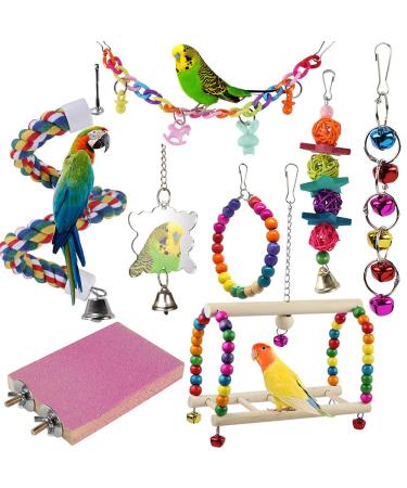 Bird Parrot Toys Hanging Bell Bird Cage Swing Toy Wooden Perch Chewing Toys for Small Parakeets Cockatiels Conures Budgie Lovebirds Macaws (8Pcs Brid Toys)