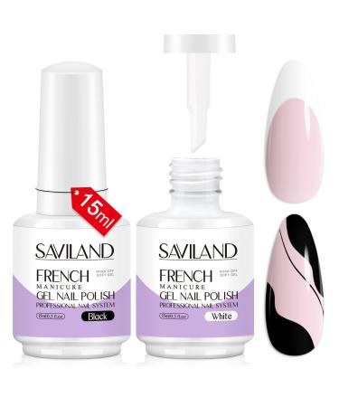 Saviland 2PCS French Gel Nail Polish Set - 15ML Black and White Gel Nail Polish Soak Off U V LED Classic Gel Polish Nail Art French Manicure Kit for Starter DIY at Home & Professional Nail Salon Black & White French Gel Na…