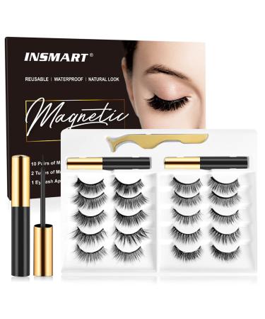 Magnetic Eyelashes with Magnetic Eyeliner Kit -10 Pairs Upgraded 3D 5D Magnetic Eyelashes Kit with Tweezers & 2 Tubes of Magnetic Eyeliner, Reusable, No Glue