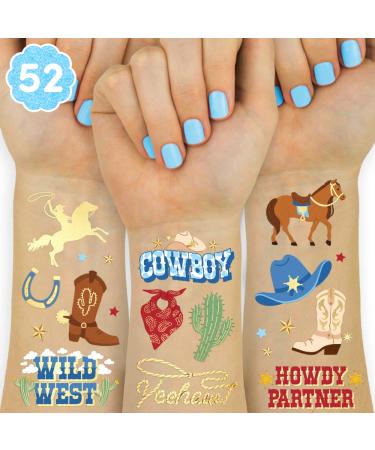 xo  Fetti Cowboy Temporary Tattoos for Kids- 52 Foil Styles | Rodeo  Boys Cowboy Crafts  Birthday Party Favors  Western Baby Shower Decorations