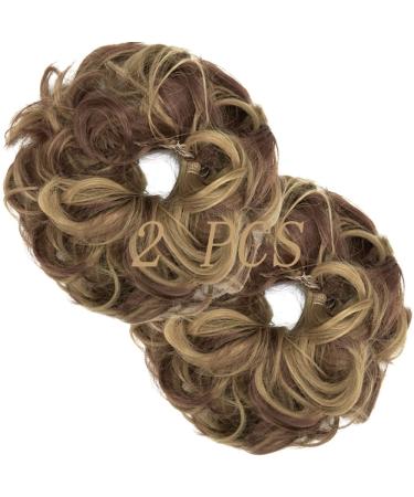 Messy Bun Hair Piece Scrunchies Extension Curly Wavy Updo Hairpieces Synthetic Chignon Ponytail Hair Accessories for Women Girls (Light Brown Mix Ash Blonde) 2 PCS 17# Light Brown Mix Ash Blonde