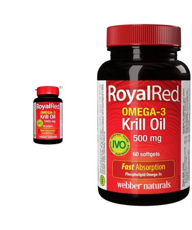 Webber Naturals RoyalRed Krill Oil 1000 mg 30 Softgels Supports Cardiovascular Health & RoyalRed Krill Oil 500 mg 60 Softgels Supports Cardiovascular Health and Brain Function Antioxidant Support
