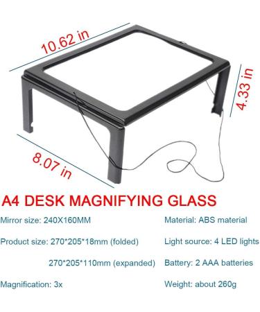 Magnifying Glass Desktop Full-Page 3X Magnifying Glass with 4 LED Lights Foldable Stand A4 Advanced Hands-Free 240 * 160 MM Lens Rectangular Visual Aids for Reading - Buy Online on SooperMarket.com
