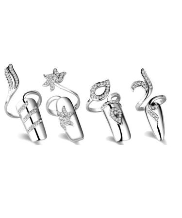 4 PCS Rhinestone Finger Tip Nail Ring Adjustable Opening Nail Art Charms Accessories Silver Women's Fashion Protecting Fingernail
