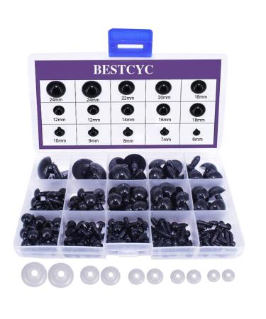 BESTCYC 1box(154pcs) 6/7/8/9/10/12/14/16/18/20/22/24mm Black Solid Plastic Safety Eyes Craft Safety Eyes DIY Eyes with Washers for Teddy Bear Doll Plush Animal Puppet Crafts 1Style