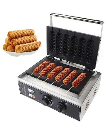 Electric Corn Hot Dog Machine Commercial 1550W Non-stick French Muffin Waffle Irons Stainless Steel 6Pcs Waffle Stick Maker Temperature Range 50-300 Timer 0-5 Min
