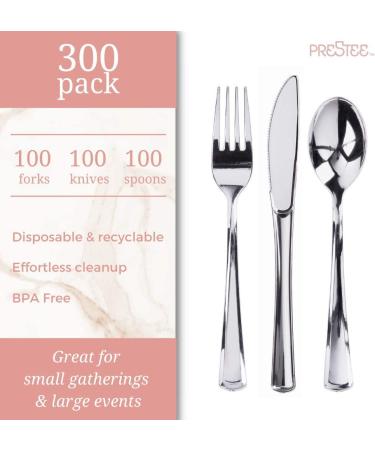 300 Plastic Silverware Set - Disposable Cutlery Utensils - Heavy Duty Bulk Flatware Set Silver - 100 Forks, 100 Spoons, 100 Knives - Buy Online on SooperMarket.com