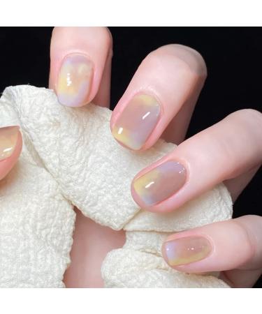 French Fake Nails 24PCS Glossy Short Rainbow False Nails Full Cover Square Nails Art for Women and Girls