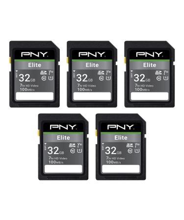 PNY 32GB Elite Class 10 U1 V10 SDHC Flash Memory Card 5-Pack - 100MB/s Read, Class 10, U1, V10, Full HD, UHS-I, Full Size SD 32GB FLASH CARD - 5 PACK