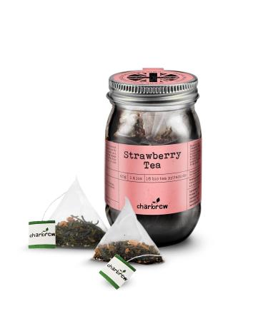 Charbrew Strawberry Tea Teabags - Biodegradable Tea Bags in Reusable Glass Mason Jar 40g/1.41oz - 16 Premium Fine Mesh Teabag Infusers Premium Tea from Sri Lanka