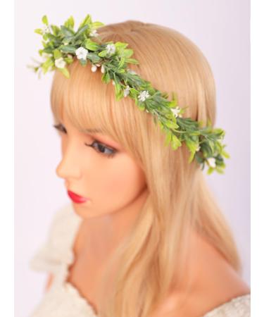Wiwpar Boho Flower Headband Green Leaf Flower Fairy Wreath Headpiece Adjustable Bridal Flower Garland Headband Ribbon Wreath Christmas Holly Hair for Costume Wedding (Style3)