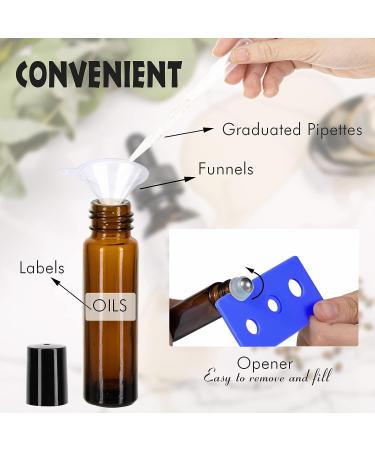 12 Pack 10ml Amber Glass Essential Oil Roller Bottles with Stainless Steel Roller Balls and Accessories | Labels, Openers, Funnels, Droppers Included - Buy Online on SooperMarket.com