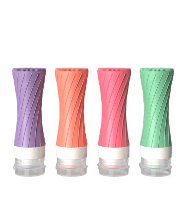 POPDIGITO 4 Pack Silicone Travel Bottles Set for Toiletries 3 oz Squeezable Leakproof Containers Colorful Refillable Bottles for Shampoo Lotion and Liquids TSA Approved Accessories with a Bag